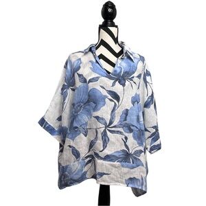 M Made In Italy 100% Linen Bloomcore Floral Beachy Sz L Artsy Collared Tunic Top
